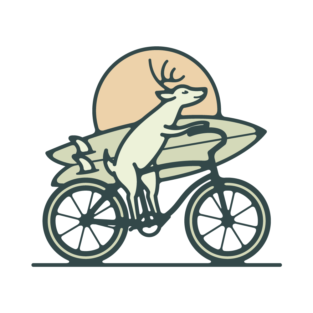 deer riding bike with surfboard illustration